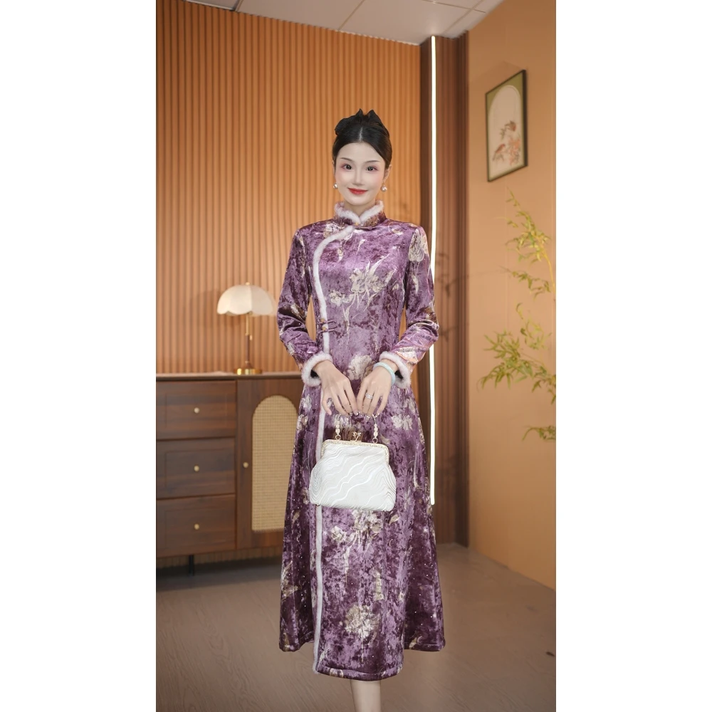 【花想容】衣长120新款冬款加绒复古中长高档文艺旗袍连衣裙