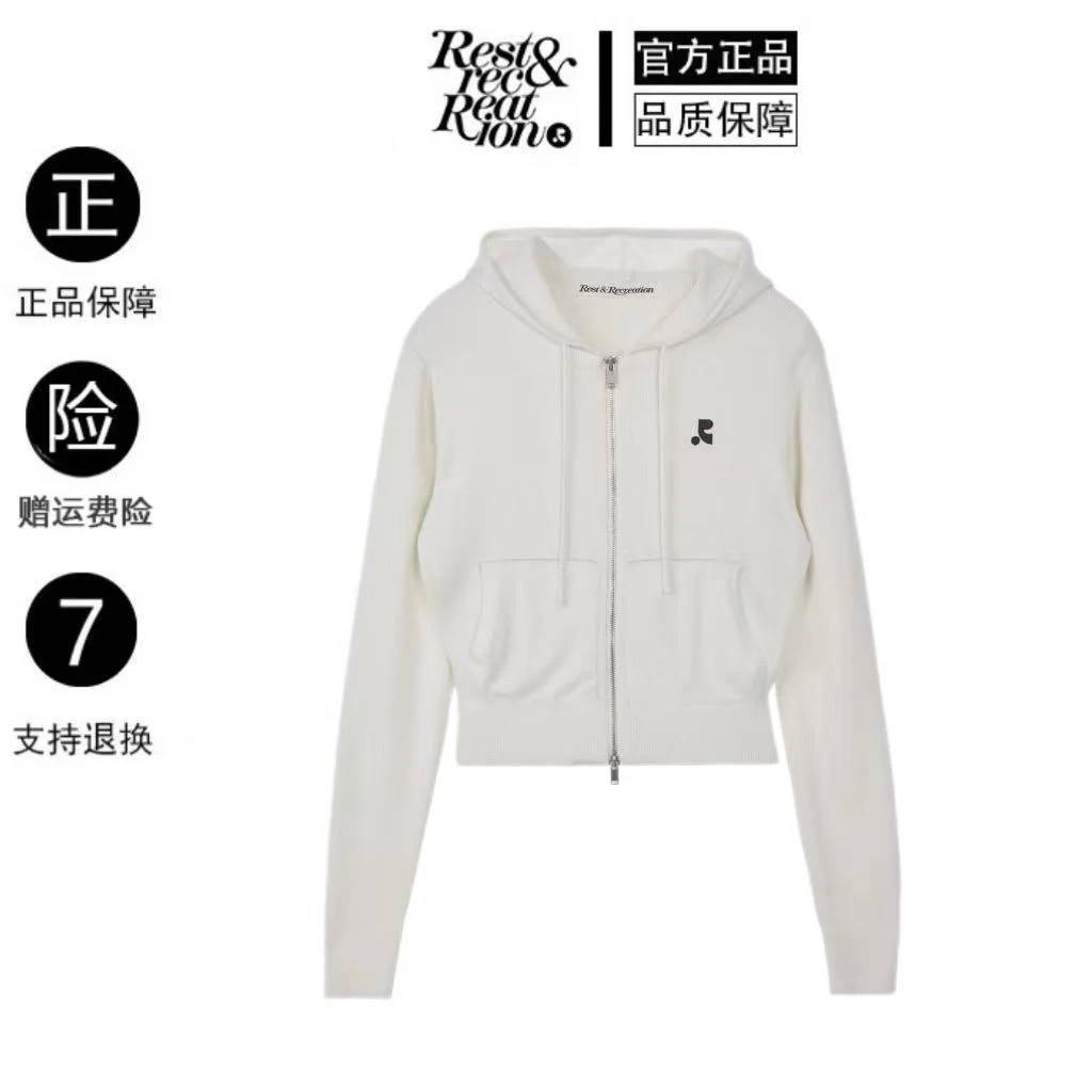 韩国Restandrecreation拉链针织连帽开衫女修身短款毛衣外套早春