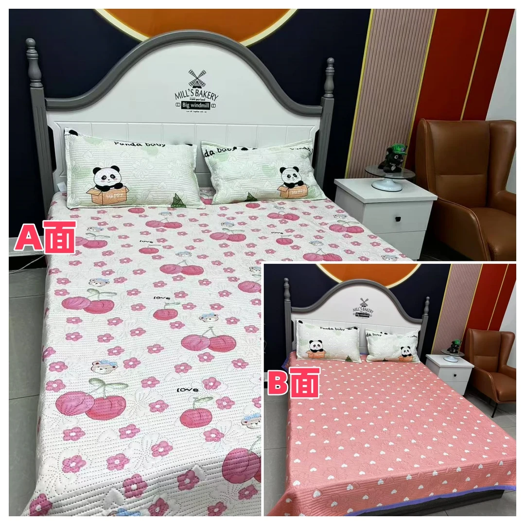 【小宽边】加棉双面床盖印花绗缝亲肤粉色床单夹棉加厚