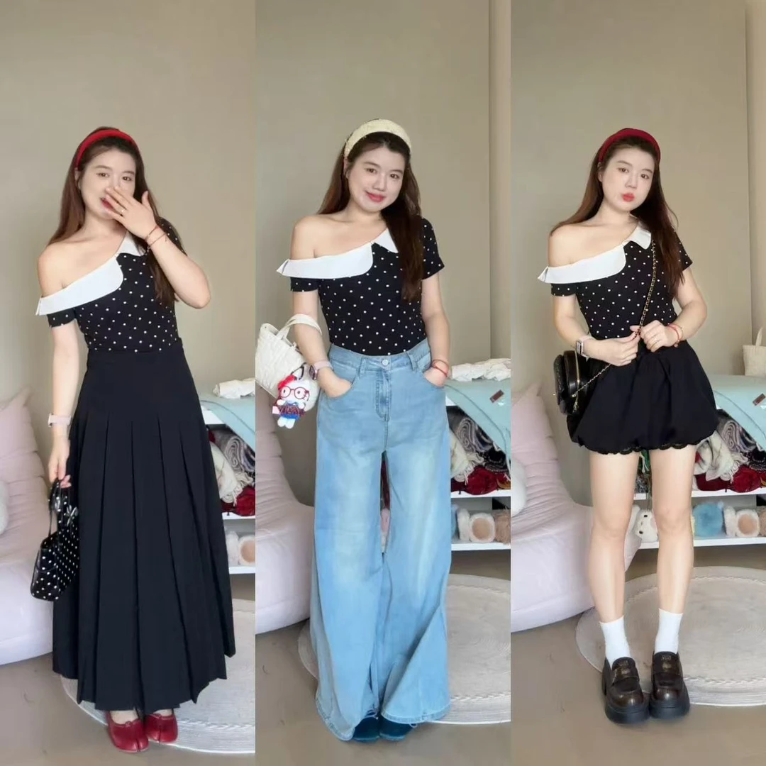 米米子“奈良小圆舞”斜肩娃娃领波点上衣显瘦夏季新款翻领短款T恤