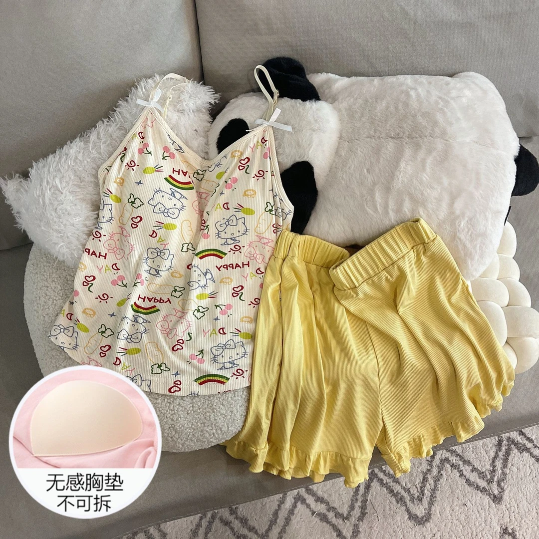 睡衣女夏季高级感吊带套装大码凉感带胸垫2025新款涂鸦kt猫家居服