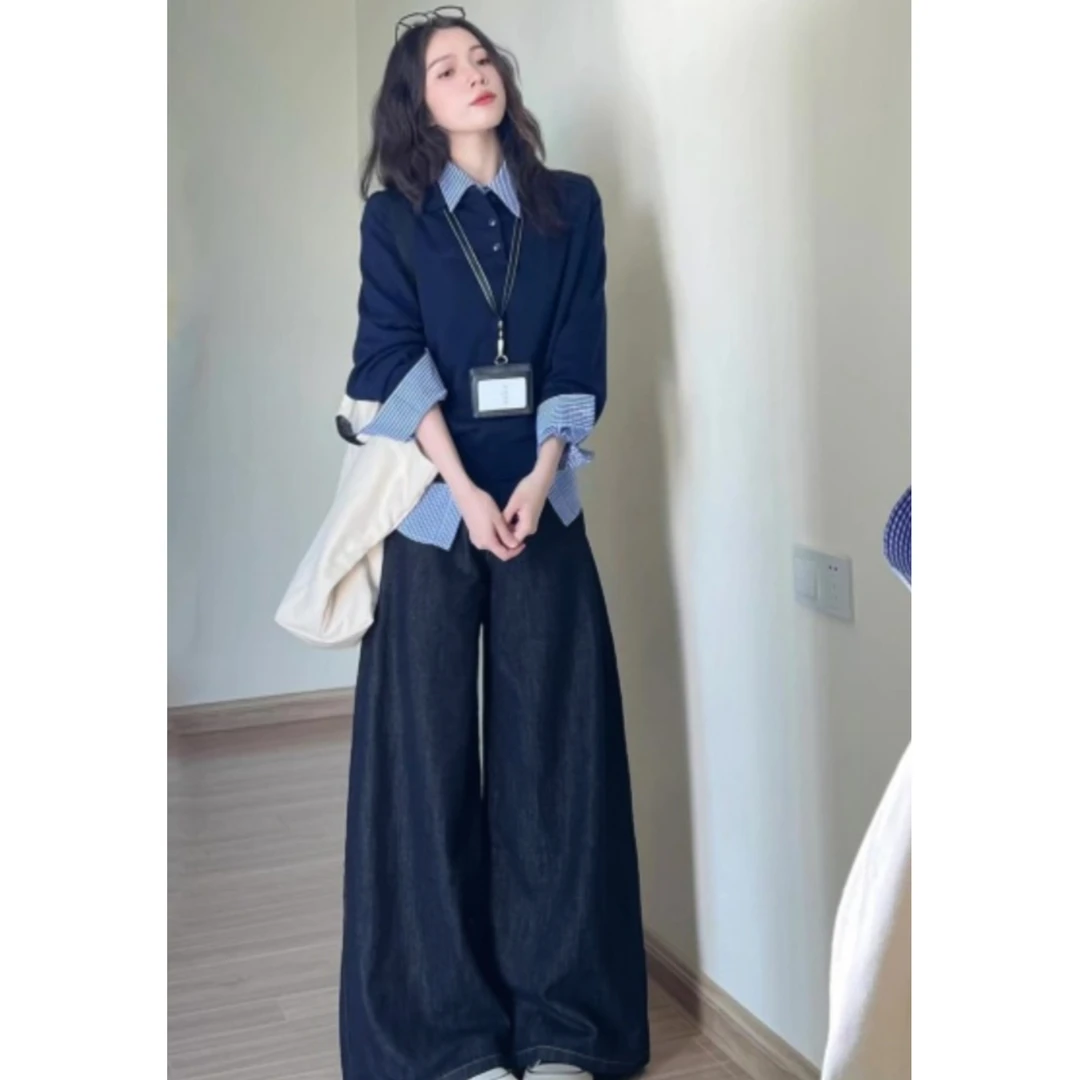 美式原牛ins风阔腿牛仔裤女百搭极简风老钱风蓝灰色加绒加厚牛仔