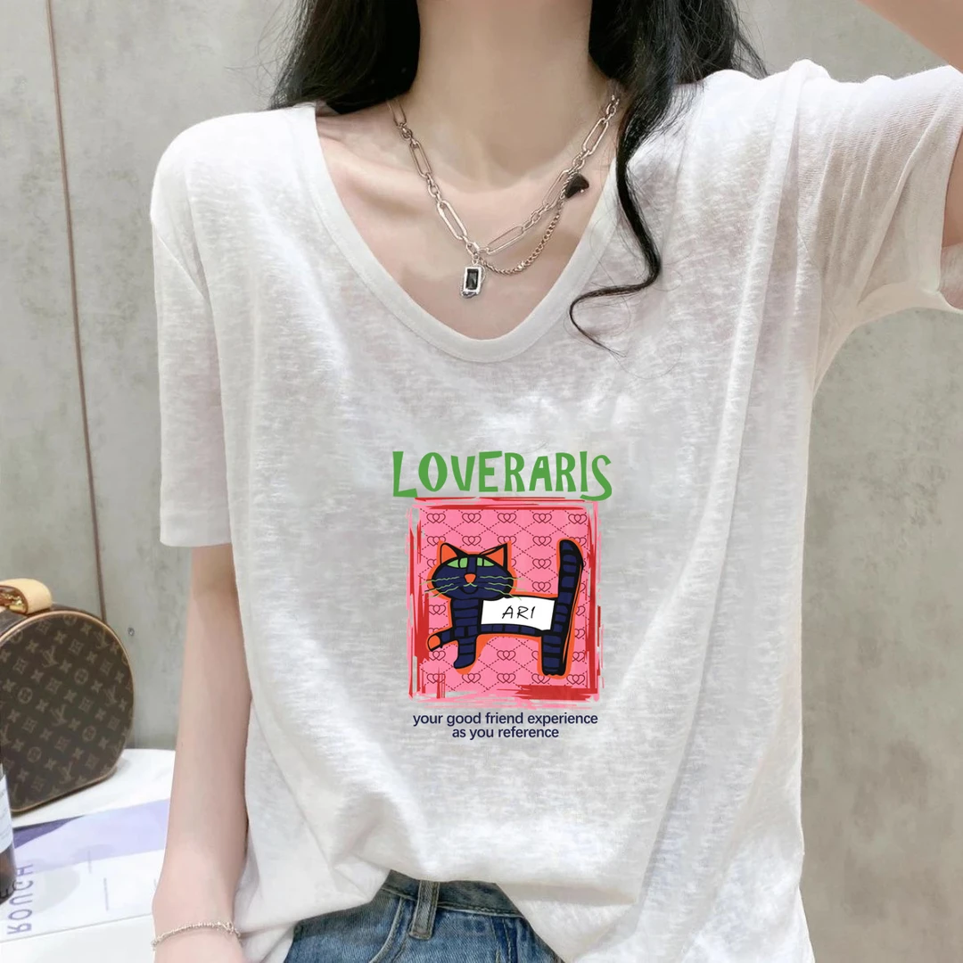 短袖时尚雪花棉薄款白色宽松女士字母T恤白色常规款韩版V领印花潮