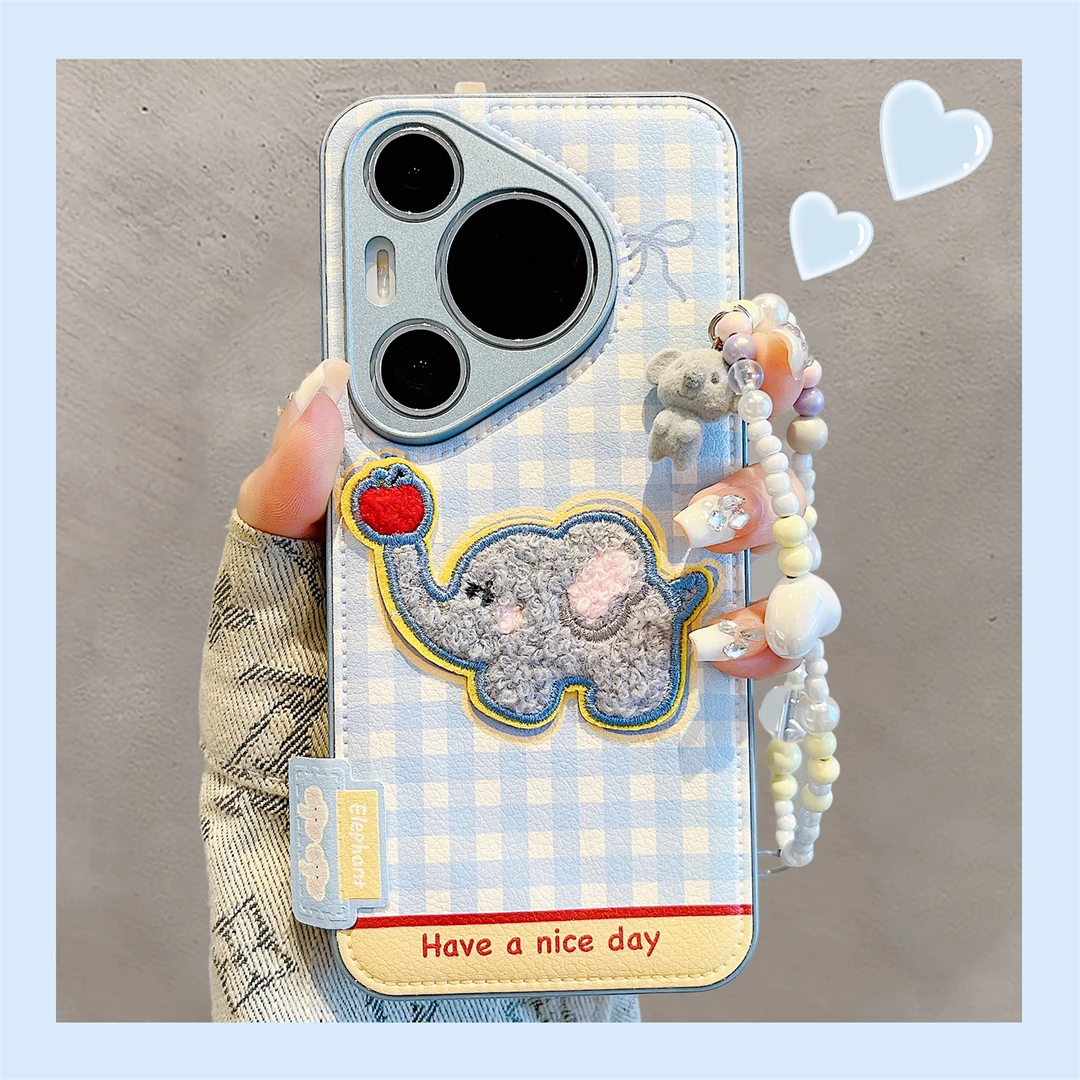 适用华为pura70pro+手机壳可爱蓝色格纹刺绣大象卡通pura80pro女