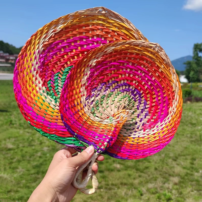 纯手工编织大蒲扇彩色扇子手摇扇夏季赶蚊子扇风彩虹色炫彩棕扇子