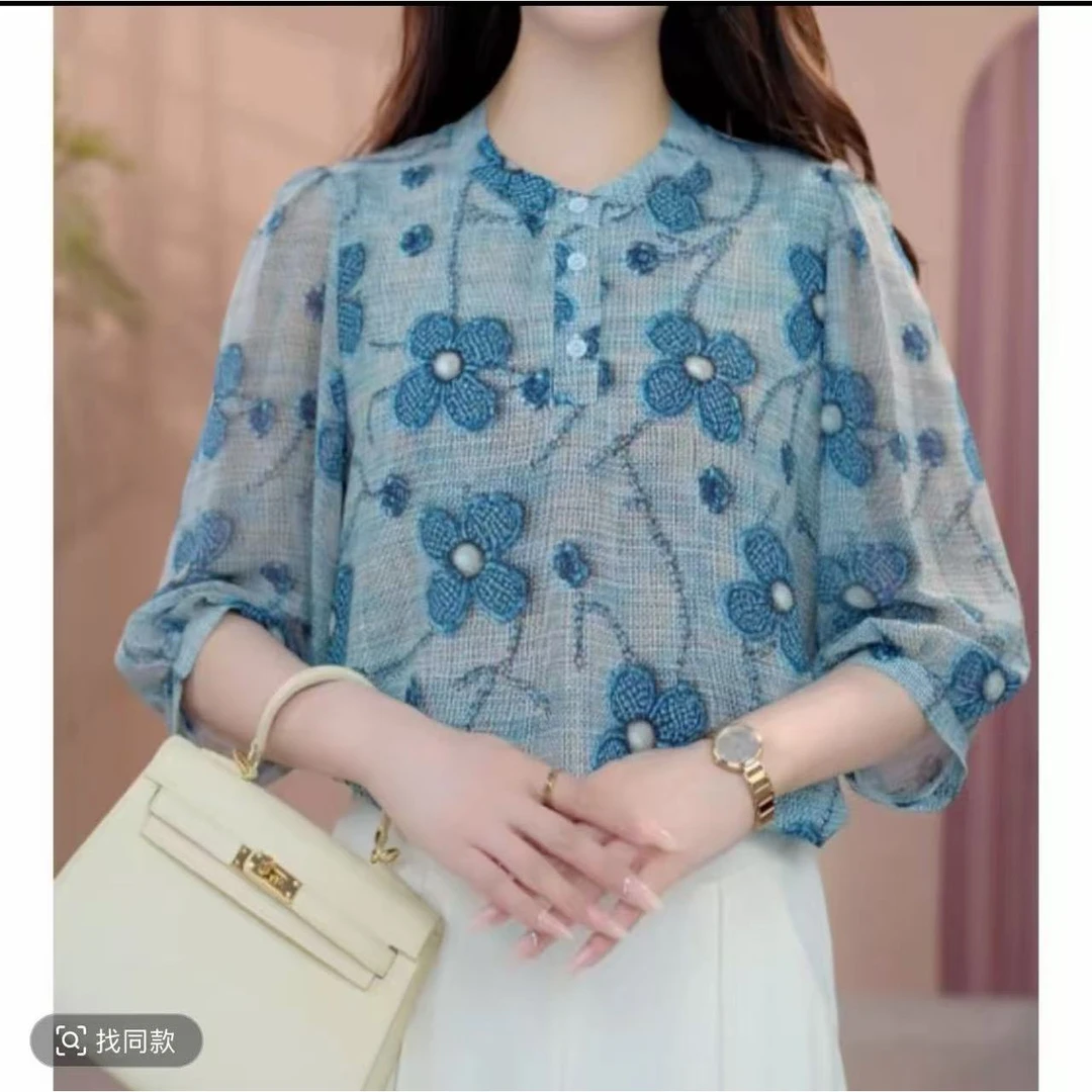 20009女士新款时尚洋气V领蓝色花朵小衫