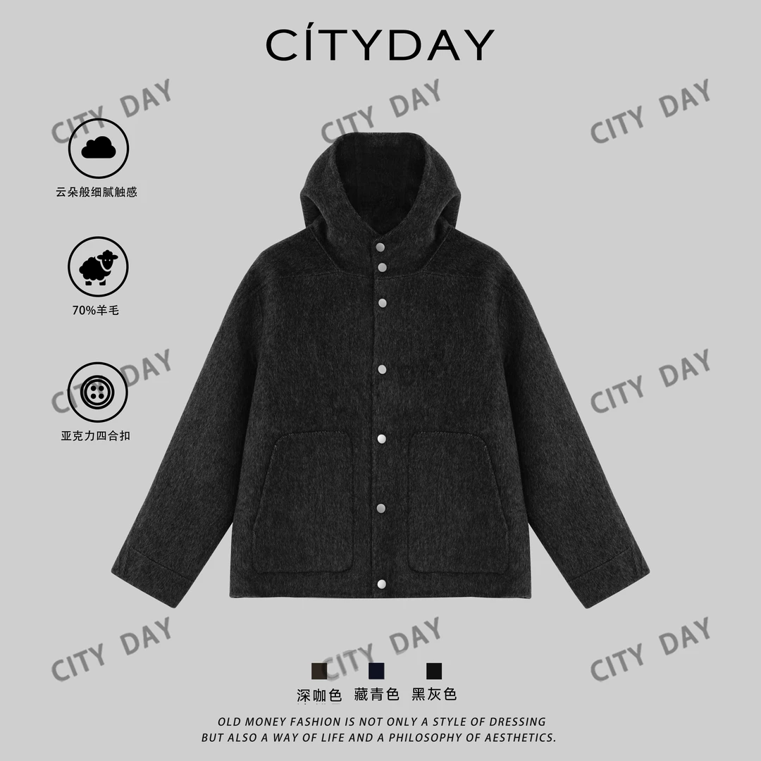 CityDay【楠哥】云柔双面呢羊毛连帽细腻亲肤廓形外套 8563