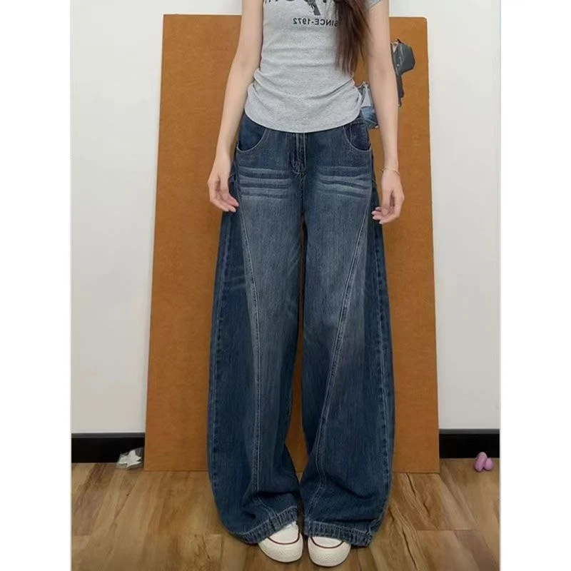 韩版女高腰牛仔裤直筒裤百搭小众复古蓝色