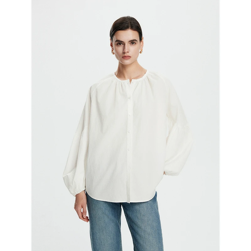 初棉【上新】天丝棉高阶通勤感灯笼袖衬衫长袖蓝色362604015