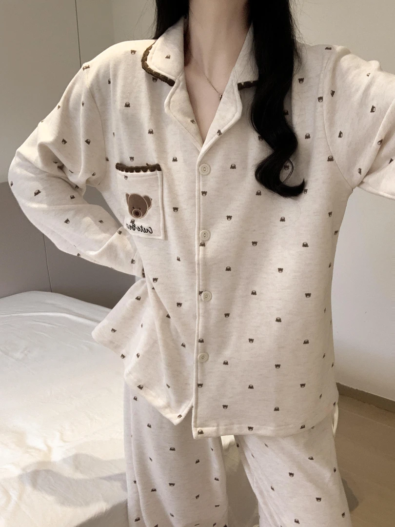 大码冬季双面绒睡衣女120-260斤开衫翻领保暖可爱小熊印花家居服