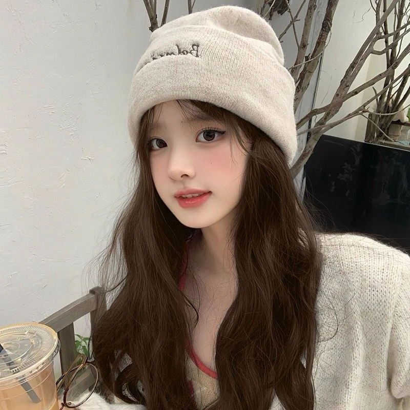 秋冬韩版针织帽女保暖百搭软糯网红简约字母套头帽街头出游冷帽N