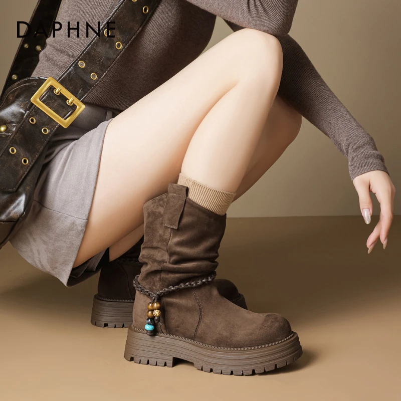 达芙妮爆款厚底马丁靴女2025秋季新款西部牛仔靴复古美拉德风短靴