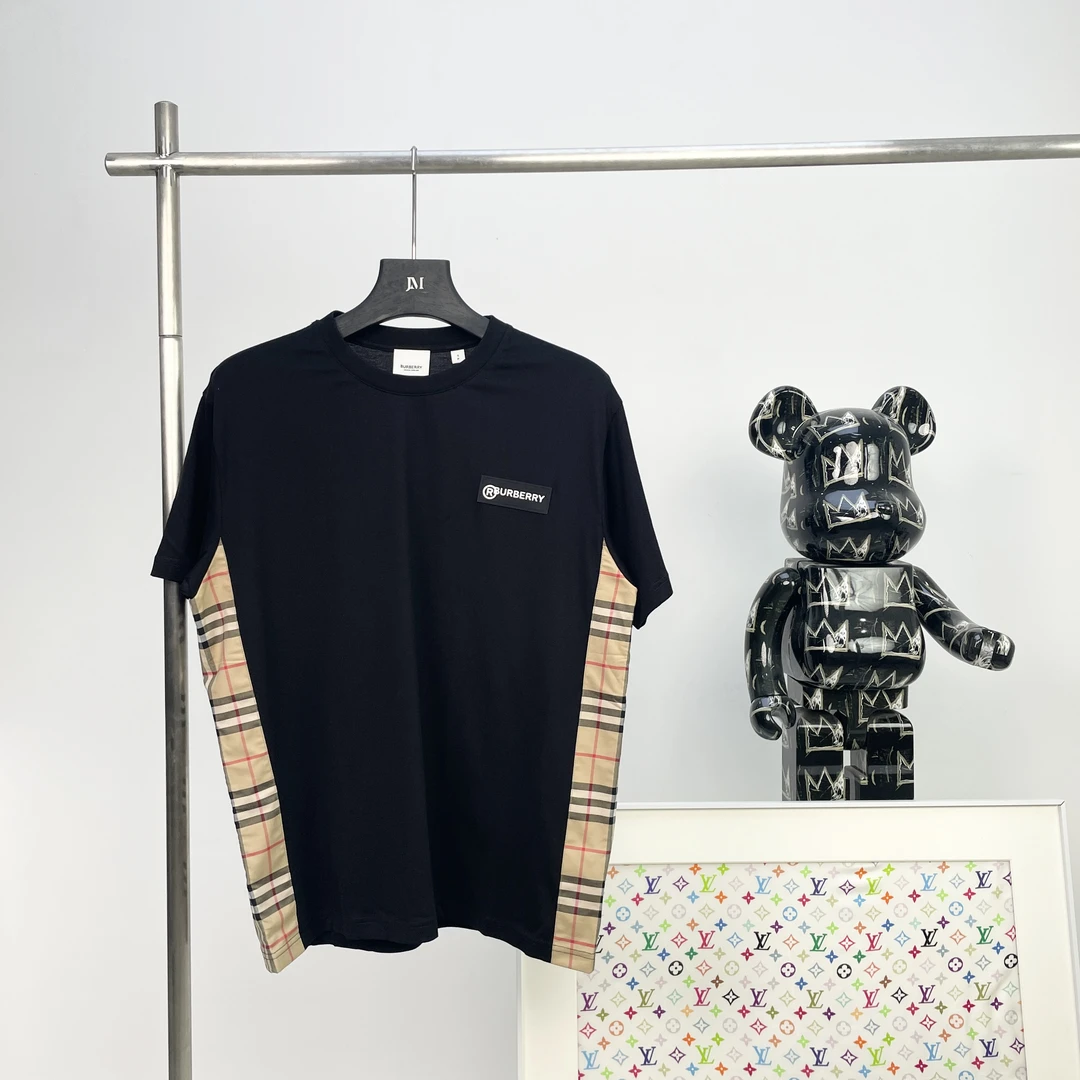 未使用 BURBERRY/博柏利 1380/1393/黑色Logo格纹纯棉短袖/XS-S