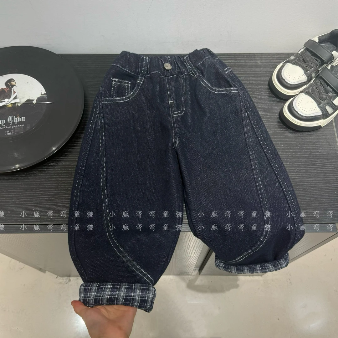 D25105儿童冬季新款2025冬装男童加绒加厚一体绒裤脚格纹牛仔裤