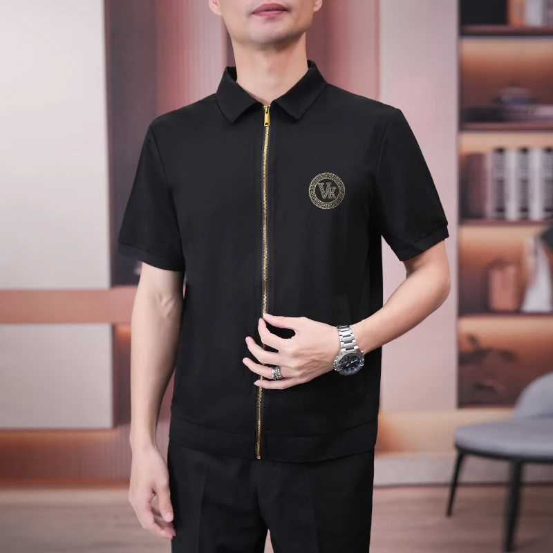 夏季男士翻领短袖开衫黑色拉链款时尚商务气质透气半袖