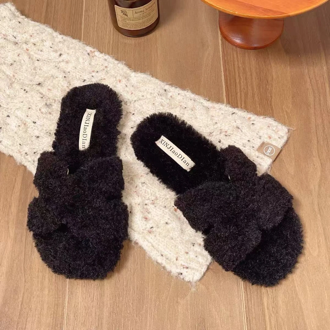 高级感软底毛毛拖鞋女外穿秋冬平底卷居家一字带棉拖9366-2