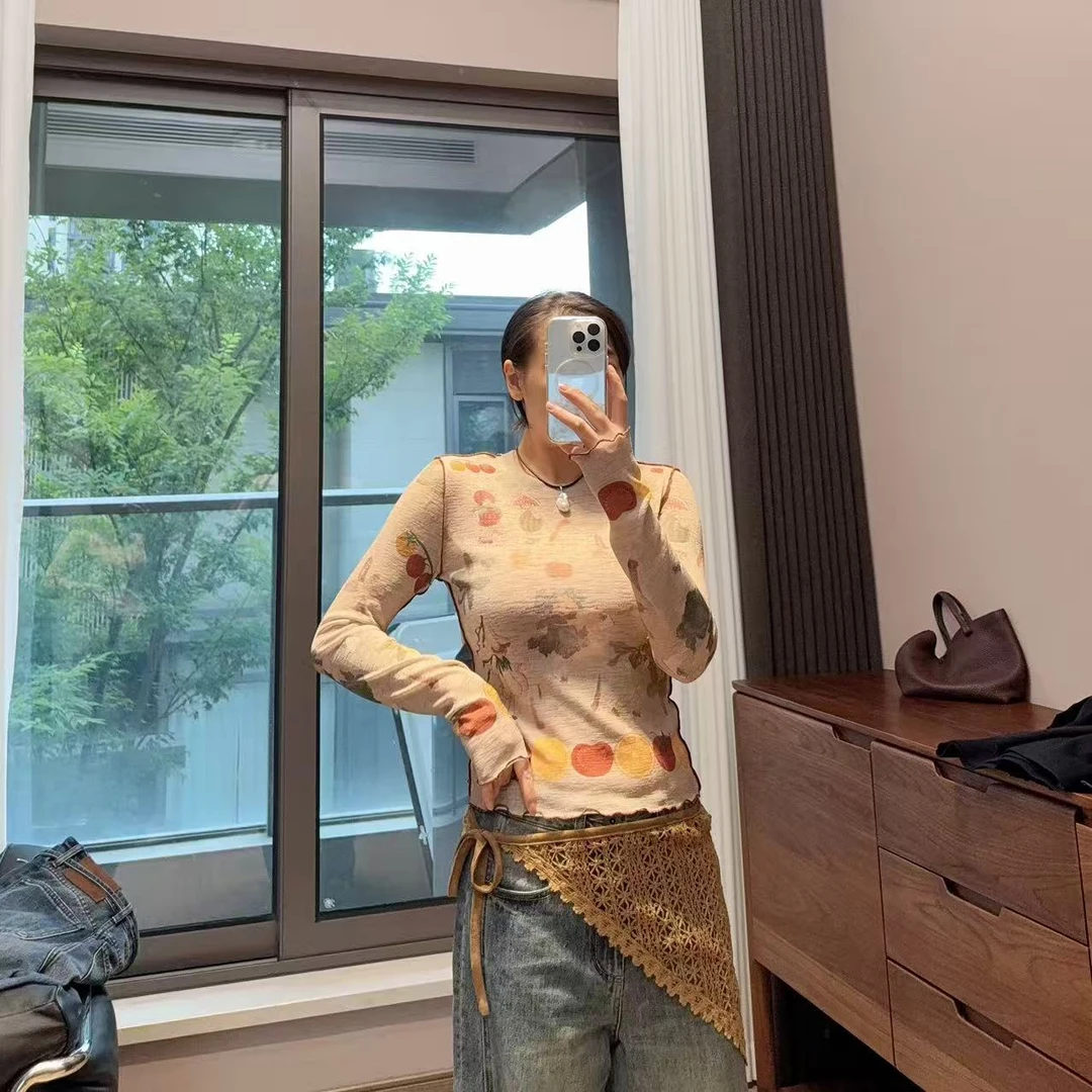 【清货~】水果小人长袖弹力打底衫内搭长袖T恤短款圆领个性咖色上衣