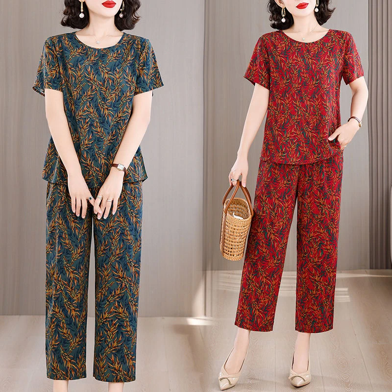 中老年妈妈棉绸套装女夏季新款时尚外穿洋气宽松短袖两件套人造棉