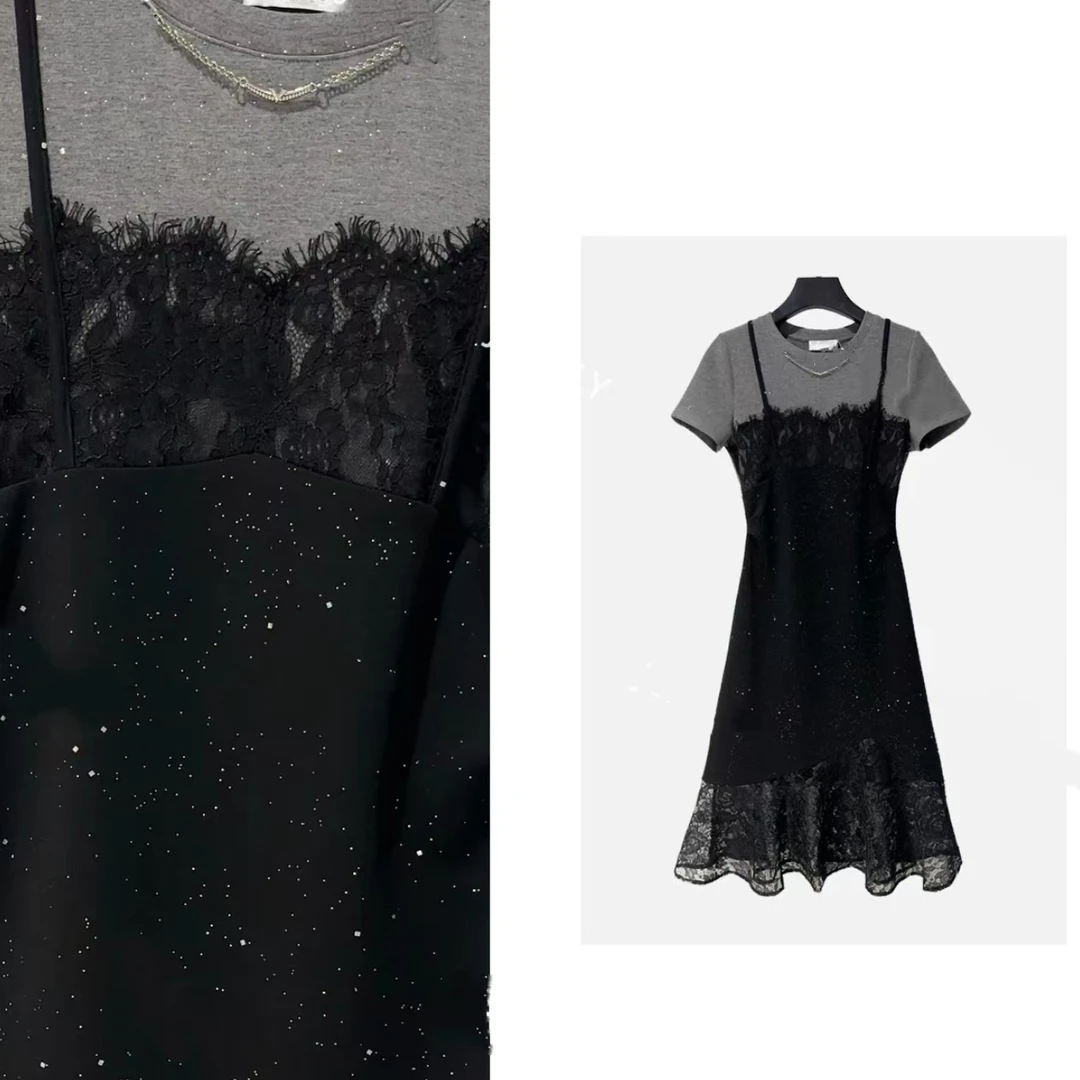 法式夏季拼接A字裙连衣裙设计感老钱风甜辣风