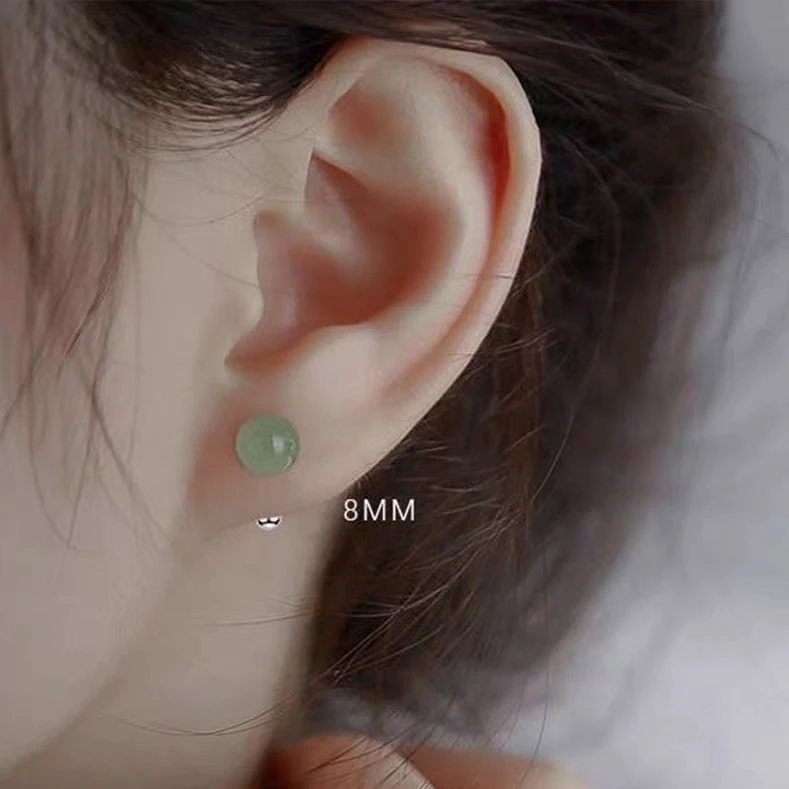 新中式和田玉耳钉螺丝拧扣养耳洞S925纯银睡觉免摘耳饰耳骨钉气质