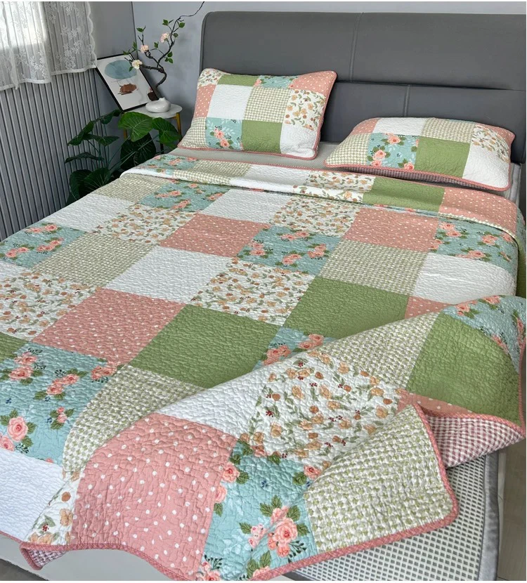 双面纯棉田园风四季床盖夹棉绗缝防滑床铺垫单件韩式外贸绗缝被