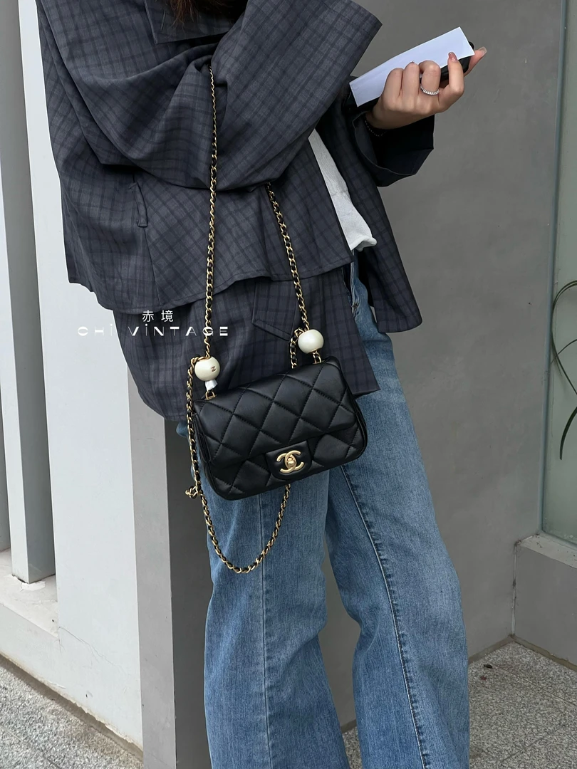 99新 Chanel/香奈儿 0082 黑金cf方胖子汤圆双珍珠斜挎包24S