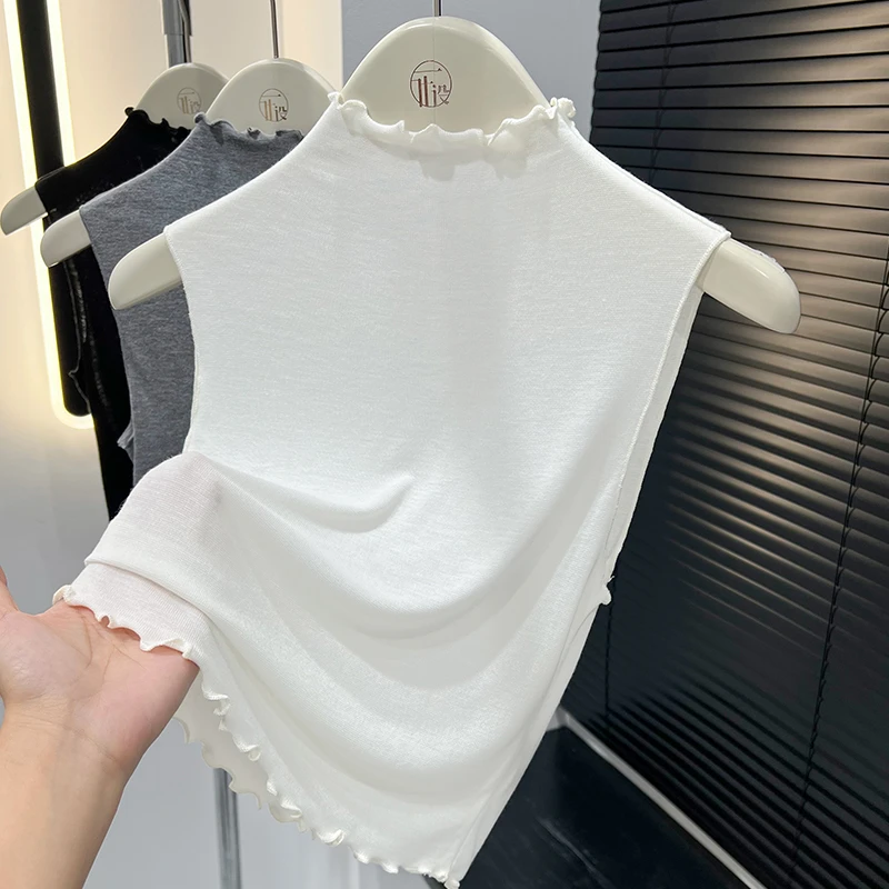 简约白色半高领短款假领子2025秋冬新款木耳边堆堆领无袖内搭上衣