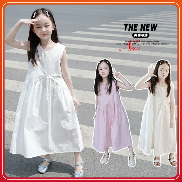 儿童连衣裙2025夏中大童无袖白色沙滩裙度假裙女童纯色背心公主裙