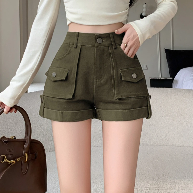 2025秋冬新款高腰A字美式工装牛仔短裤显瘦翻边弹力辣妹包臀热裤