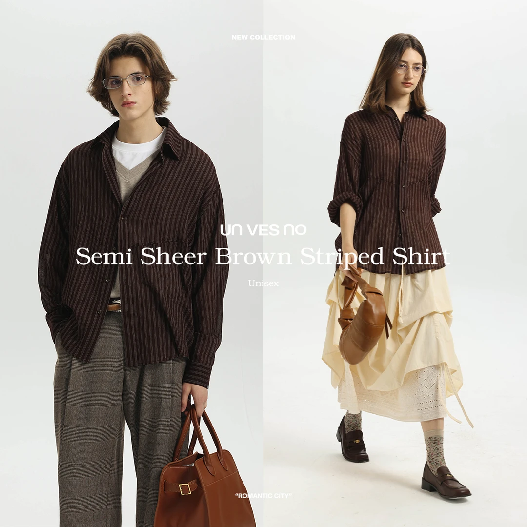 Unvesno(UN)老钱风ROW风微透透气自然肌理条纹切线结构防晒衬衫