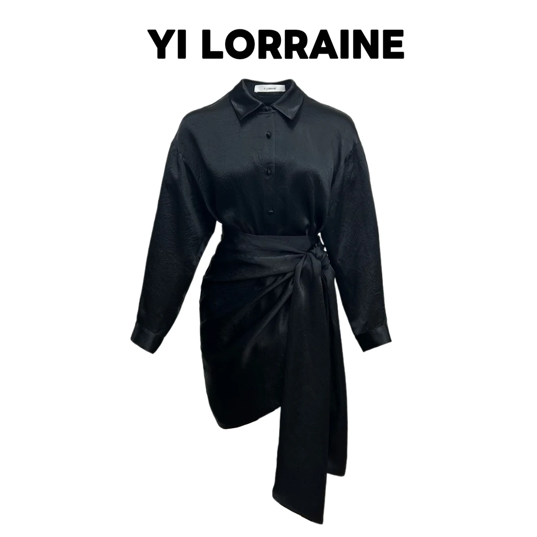 YI LORRAINE/旖洛琳原创设计师款100%醋酸锻纹理感衬衣裙两件套
