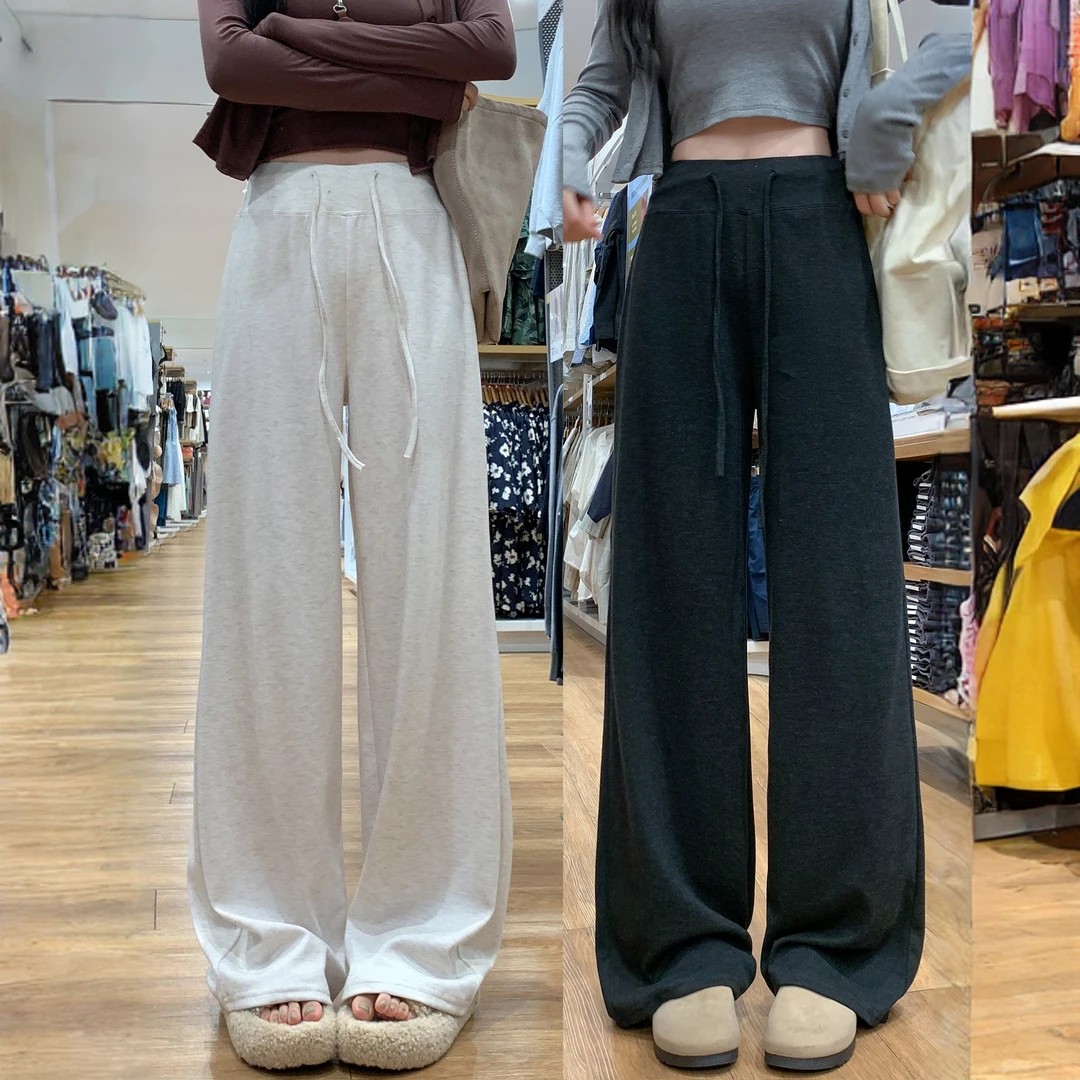 灰色高腰糯米裤女秋季2025年新款阔腿垂感美式休闲显瘦运动直筒裤