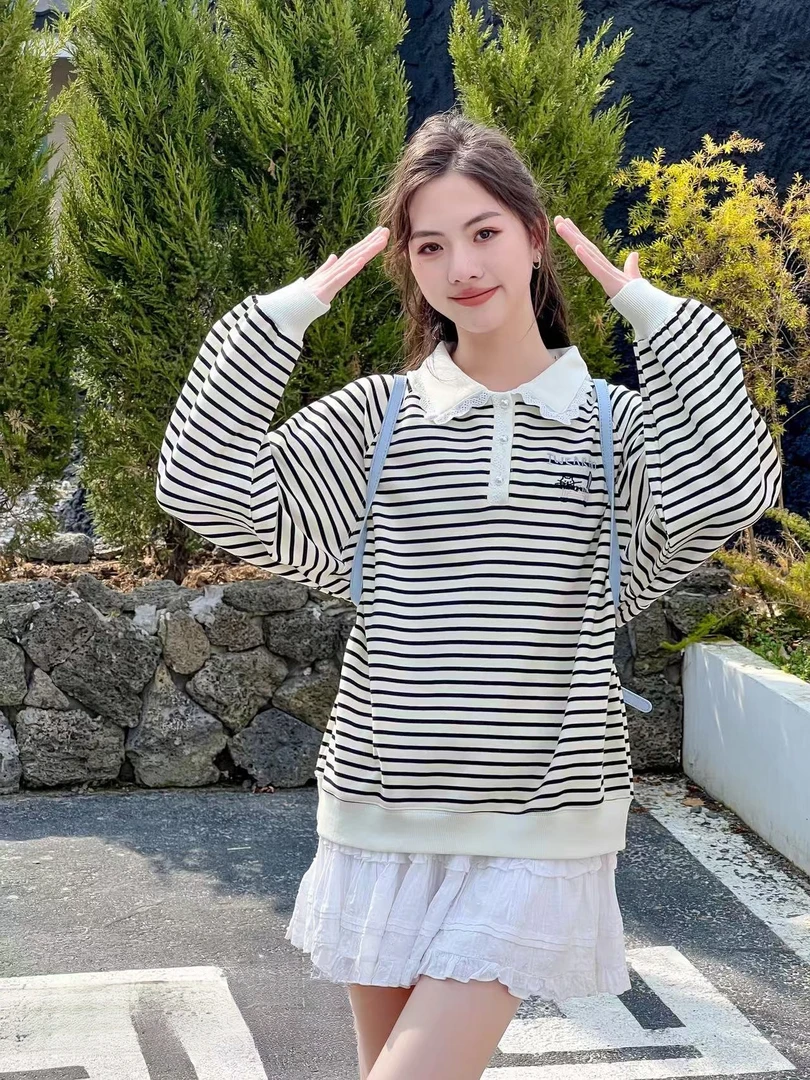2025春款翻领条纹卫衣女童