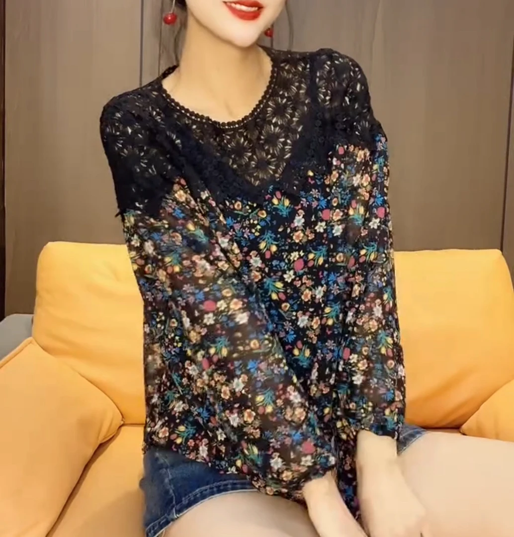 高级感拼接蕾丝领碎花雪纺长袖防晒小衫【实物微色差】