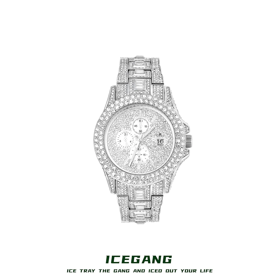 ICEGANG满钻三眼系列钢带腕表老钱风轻奢手表男女同款欧美嘻哈