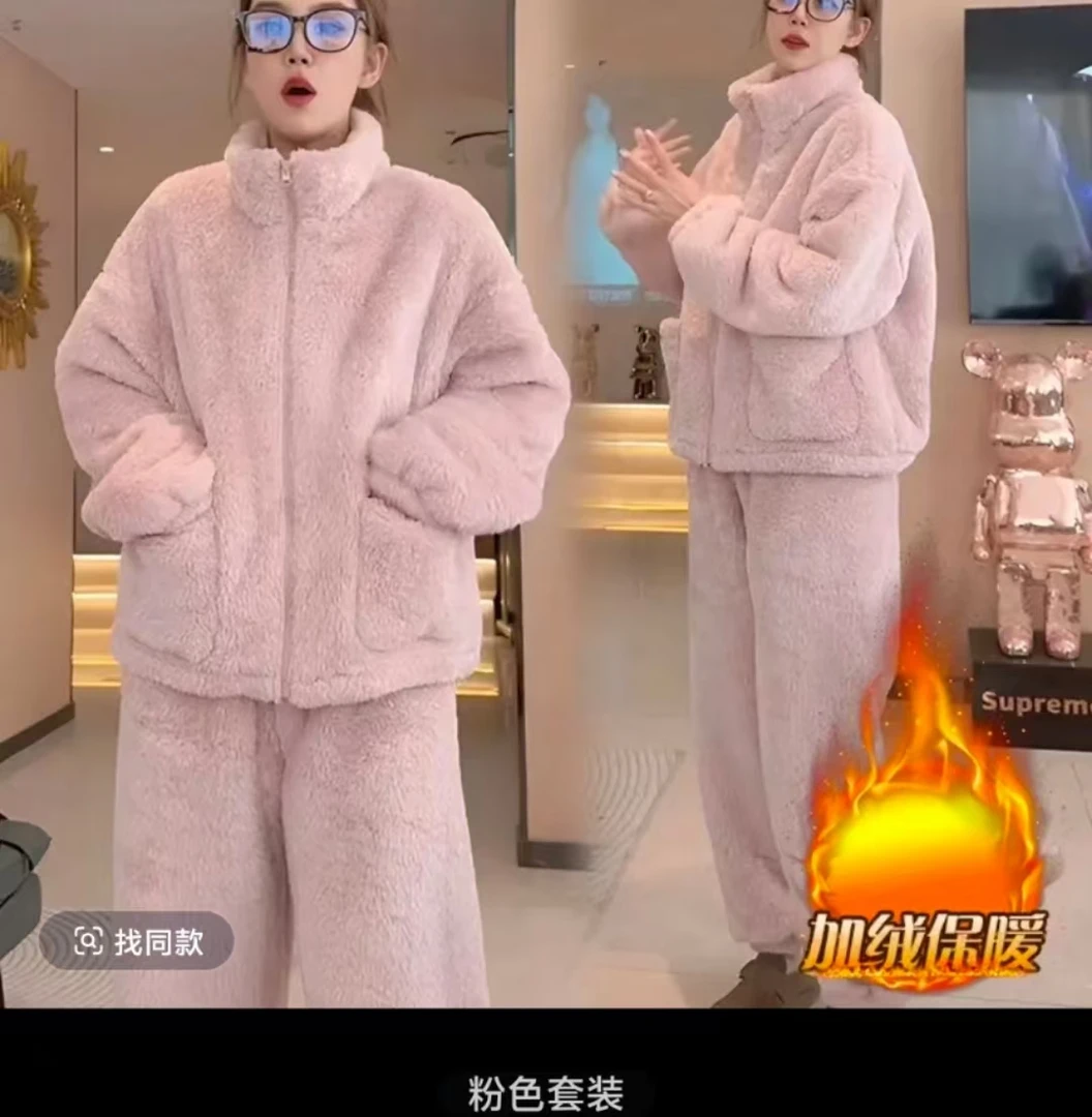 女家居服女士冬款套装加绒家居服套装睡衣毛绒长袖加厚保暖时尚