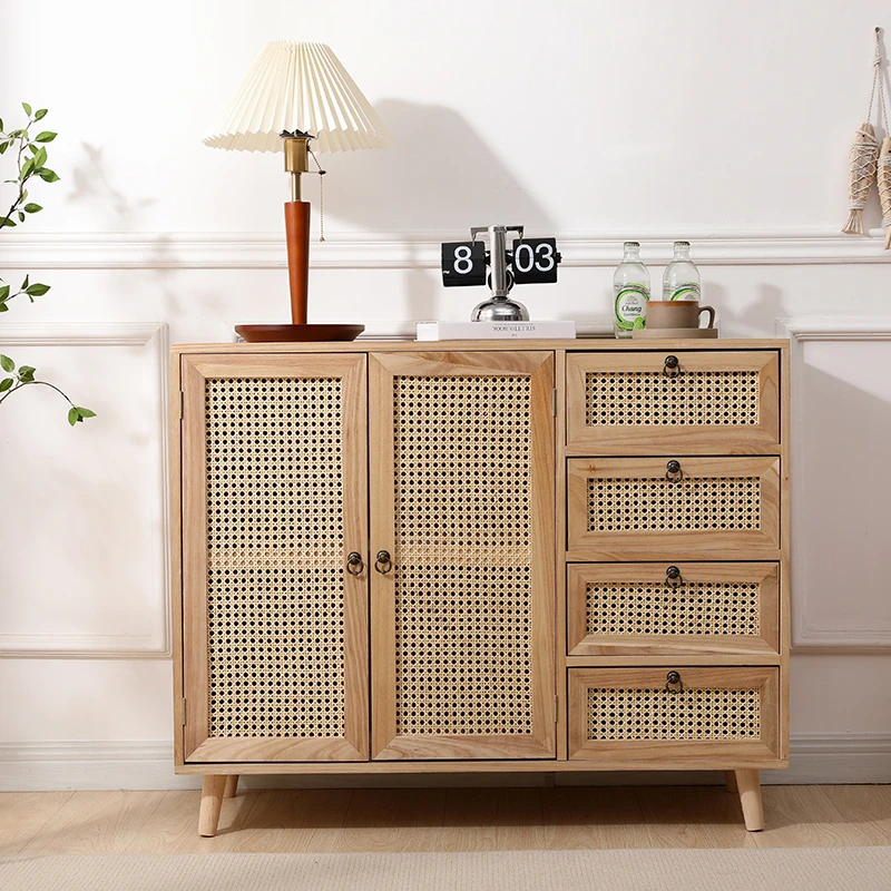 实木藤编柜餐边柜美式简约收纳储物柜多功能客厅卧室靠墙收纳柜子