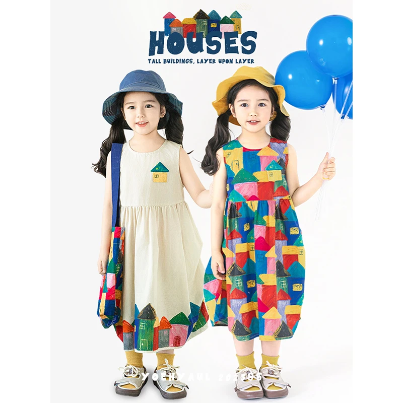 幼悠女童夏装油画小镇印花玩偶背心裙夏季儿童无袖连衣裙潮X5298