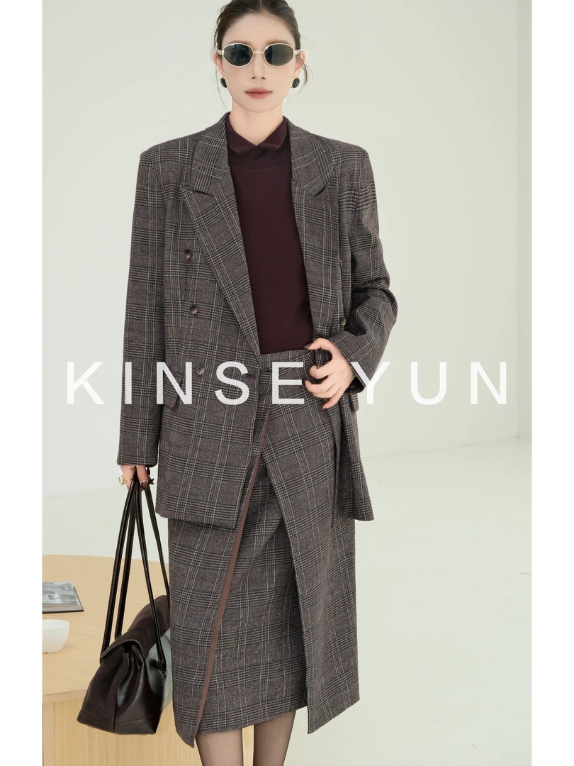 KINSE YUN『爱丁堡』中古奢牌极简西装格纹前开叉半身裙+西装QD7999