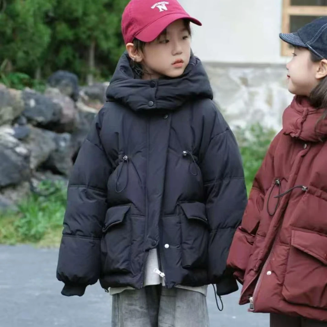 现货【棉服】夹棉加绒加厚5184女童连帽百搭黑色外套保暖冬款