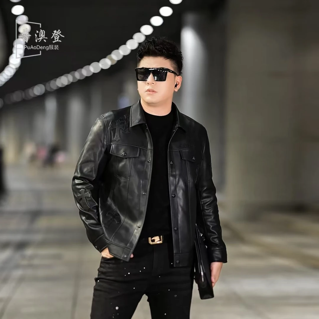2025男士皮衣秋季新款时尚潮流百搭休闲重工刺绣翻领皮夹克外套