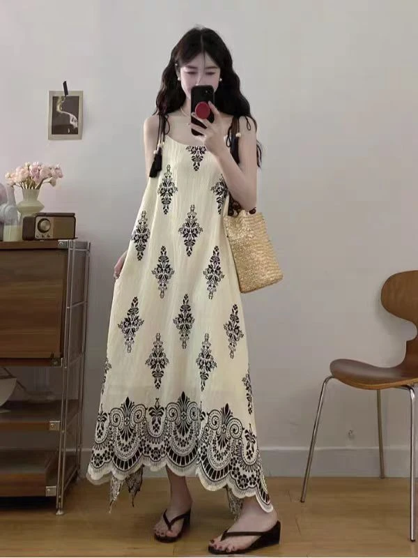 复古高级感度假风两面穿撞色连衣裙女夏季大码显瘦大摆吊带裙8803