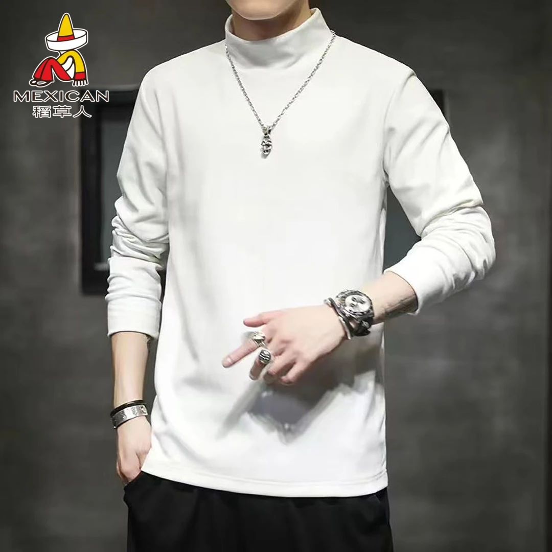 稻草人半高领纯色打底衫长袖上衣男士秋冬韩版修身内搭德绒体恤衫