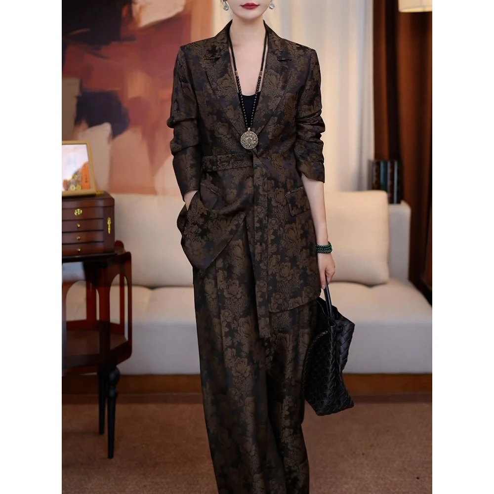 高级感轻奢通勤印花裤套装2025秋季新款西装领百搭显瘦衬衫+裤子