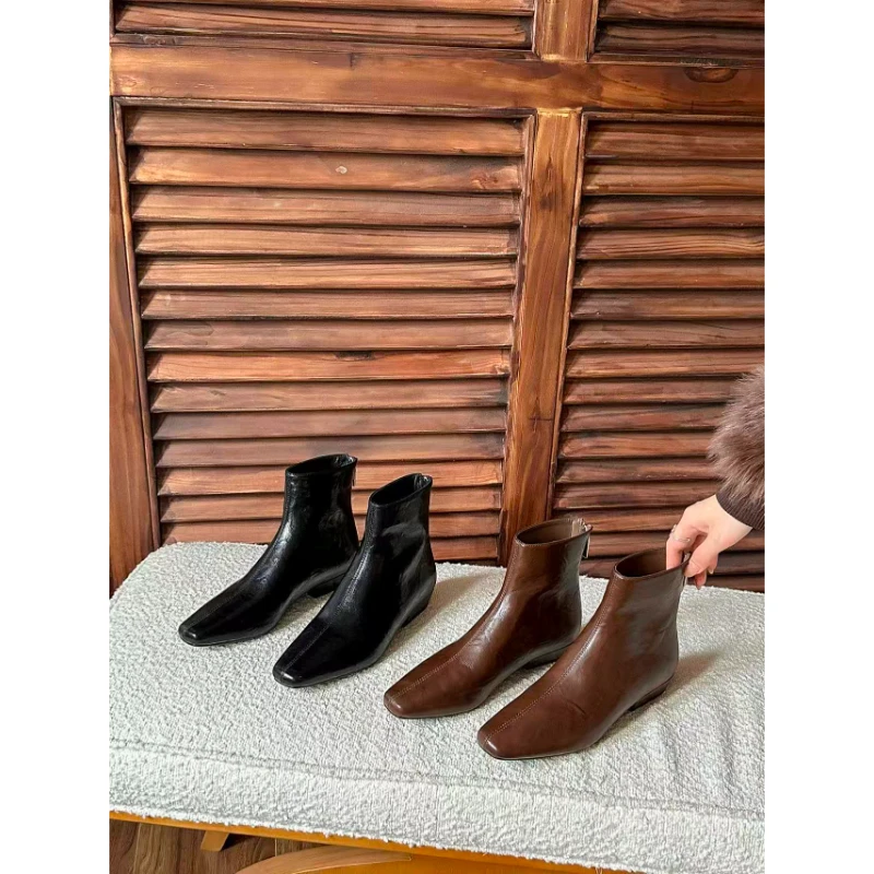 25160低跟短靴女方头粗跟瘦瘦靴