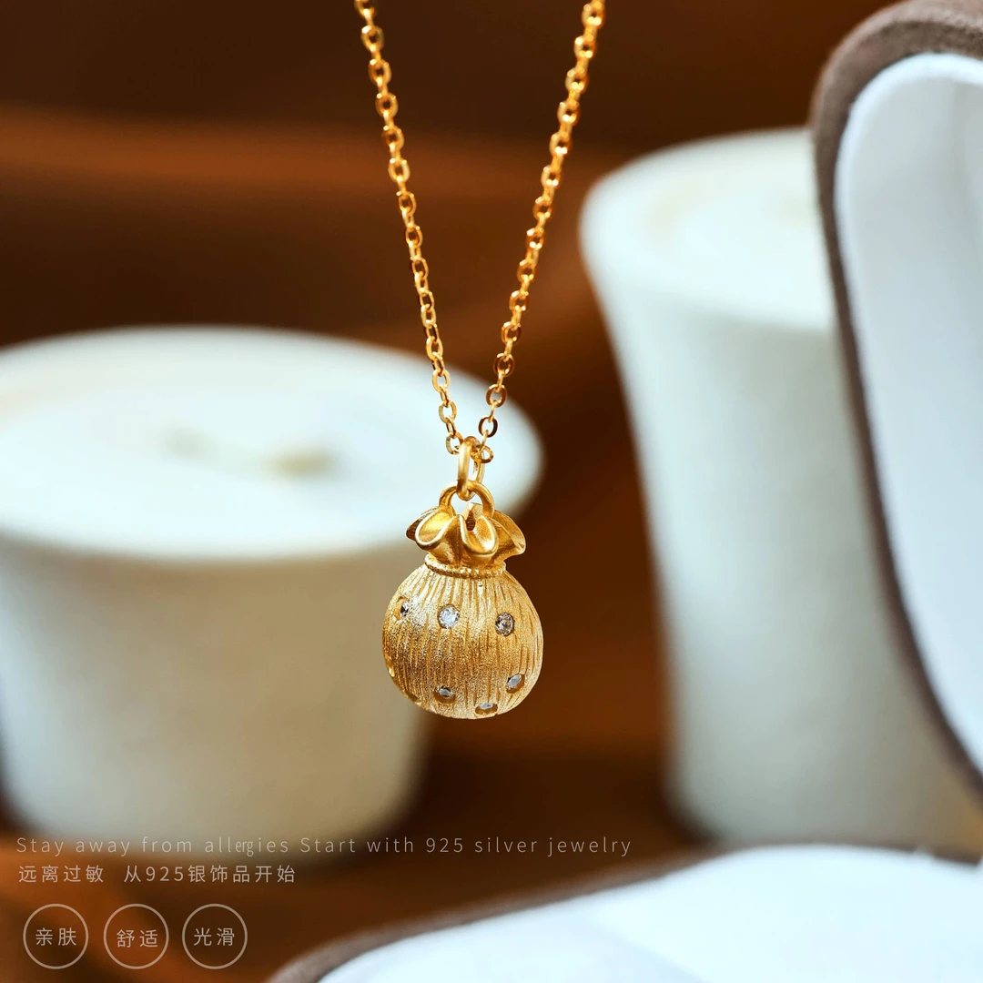 丽沁 坠链均925银 福气满满中古拉丝小福袋吊坠项链气质时尚颈链