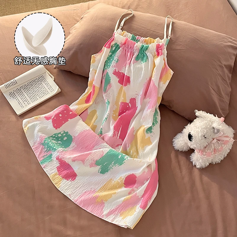 2025新款睡衣女款爆款宽松夏季吊带睡裙后妈裙带胸垫可外穿家居服