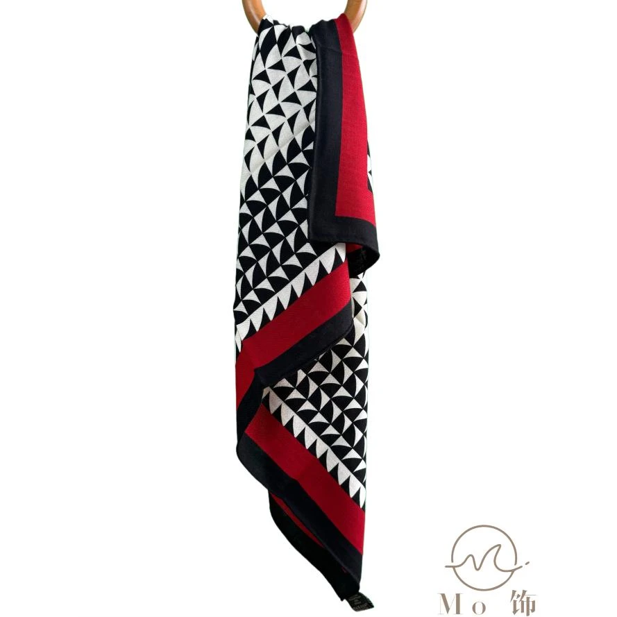 【岚影】红黑白三色艺术真丝澳毛围巾披肩新款