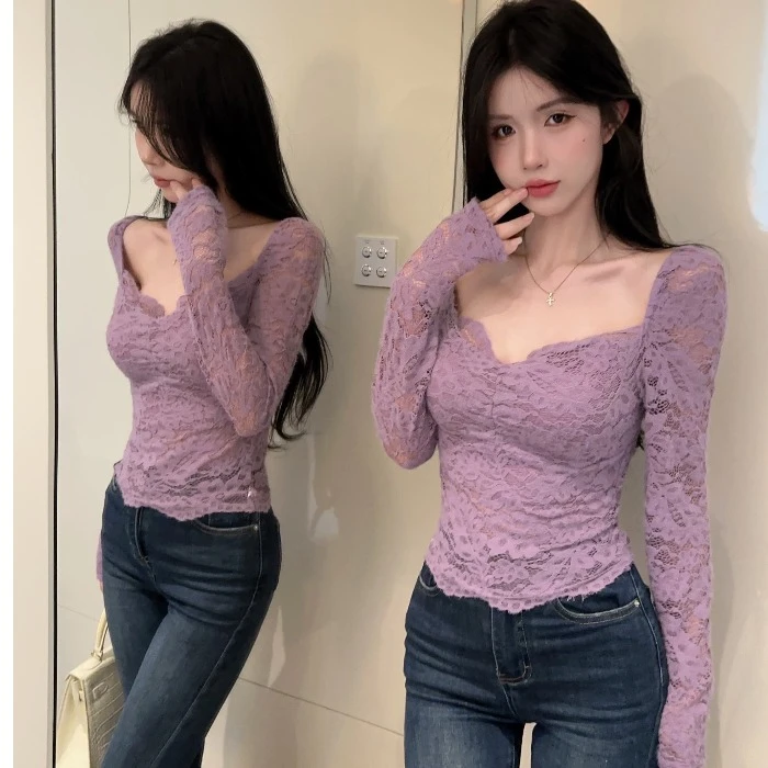 辣妹风紫色性感V领气质修身蕾丝衫女秋冬内搭洋气独特打底衫上衣