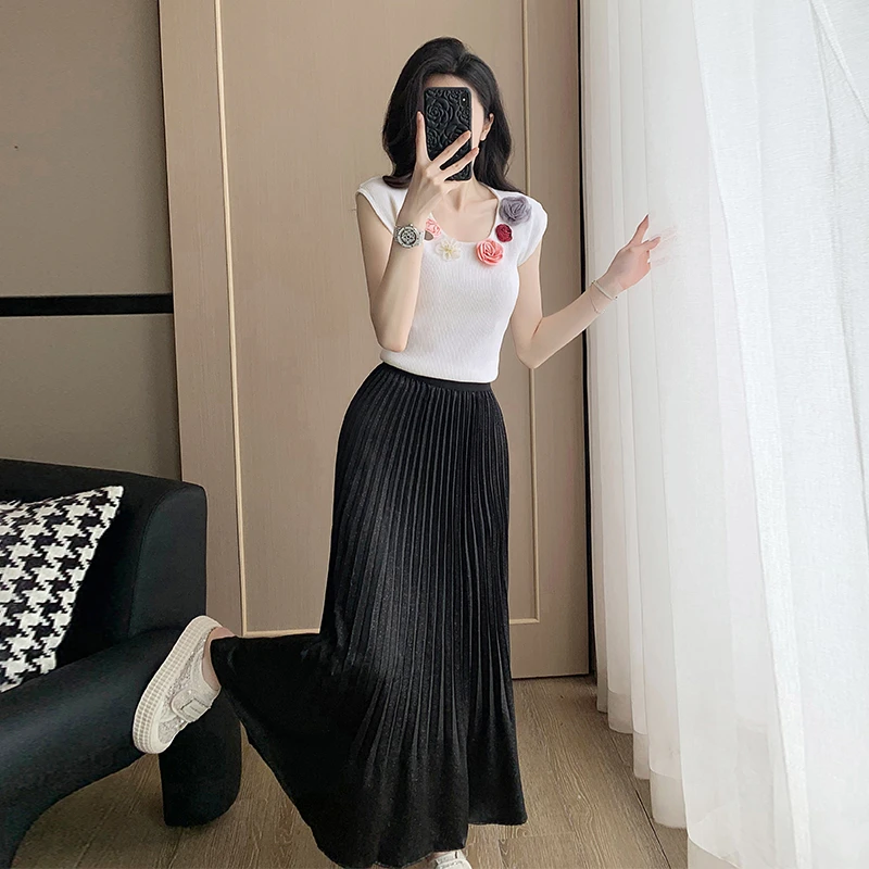 御姐轻熟风时尚套裙女2025夏修身显瘦气质v领短袖T恤半身裙两件套